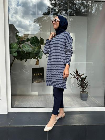 Su Dalgası Desen Triko Tunik Indigo