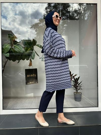 Su Dalgası Desen Triko Tunik Indigo