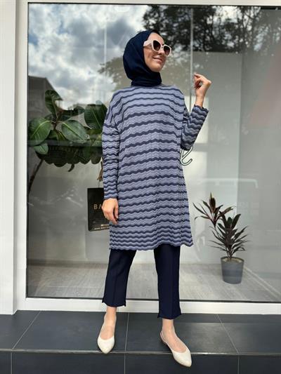 Su Dalgası Desen Triko Tunik Indigo