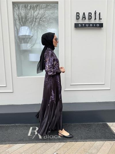 Sümbül Desenli Sole Pliseli Kadın Elbise Siyah