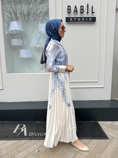 Sümbül Desenli Sole Pliseli Kadın Elbise Bebek Mavi