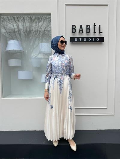 Sümbül Desenli Sole Pliseli Kadın Elbise Bebek Mavi