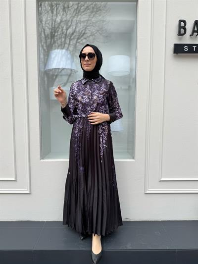 Sümbül Desenli Sole Pliseli Kadın Elbise Siyah