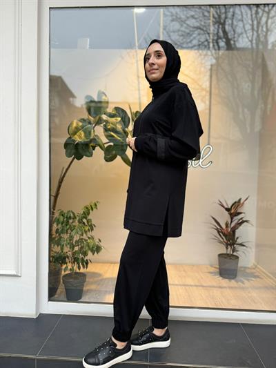 Taş Detaylı Fermuarlı Basic Kadın Takım Siyah