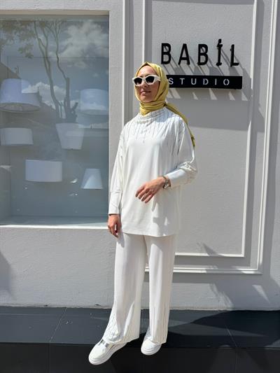 Taş İşlemeli Bambu Kadın Takım Beyaz