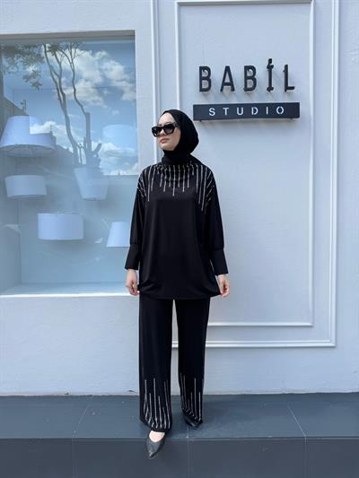 Taş İşlemeli Bambu Kadın Takım Siyah