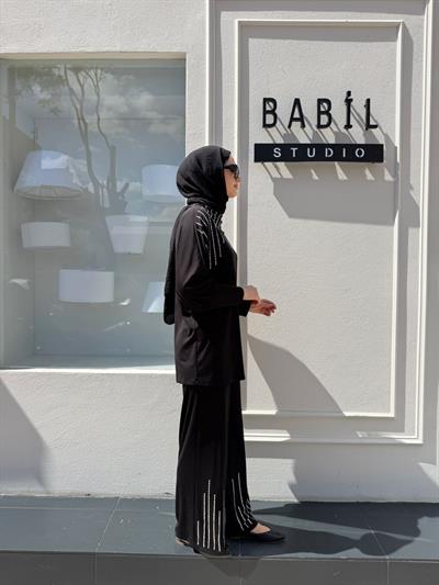 Taş İşlemeli Bambu Kadın Takım Siyah