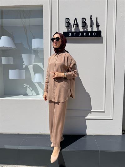 Taşlanmış Pantolonlu Kadın Takım Camel