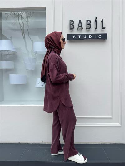Taşlanmış Pantolonlu Kadın Takım Bordo