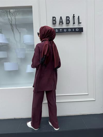 Taşlanmış Pantolonlu Kadın Takım Bordo