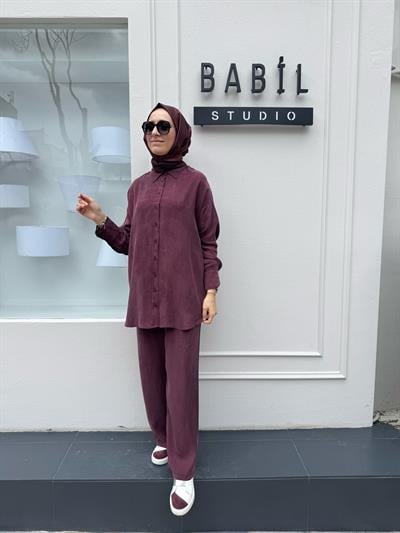 Taşlanmış Pantolonlu Kadın Takım Bordo