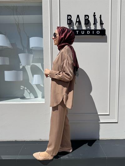 Taşlanmış Pantolonlu Kadın Takım Camel