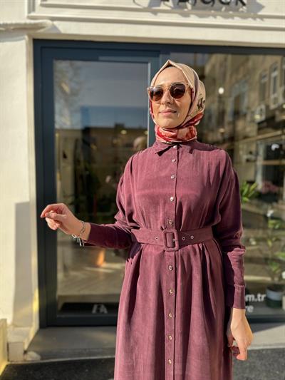 Taşlanmış Kadın Gömlek Elbise Bordo
