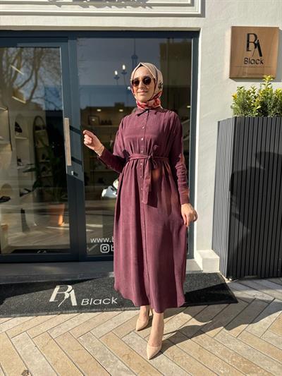 Taşlanmış Kadın Gömlek Elbise Bordo