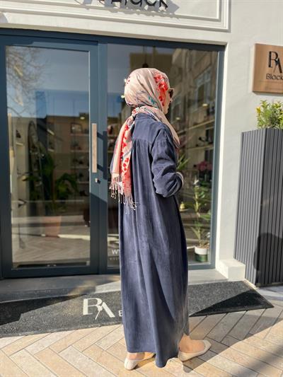 Taşlanmış Kadın Gömlek Elbise Lacivert