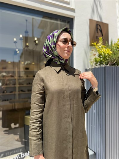 TD048 Natural Keten Kadın Gömlek Elbise Haki Yeşil