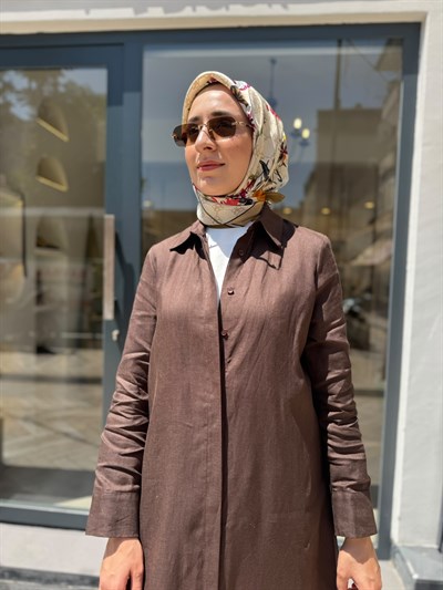TD048 Natural Keten Kadın Gömlek Elbise Kahve