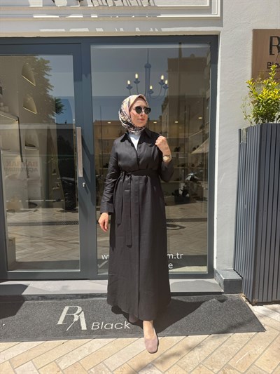 TD048 Natural Keten Kadın Gömlek Elbise Siyah