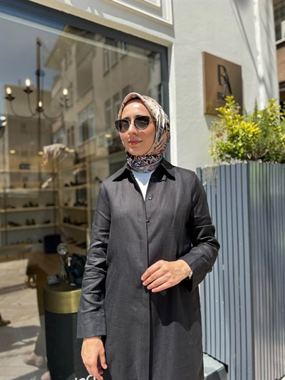 TD048 Natural Keten Kadın Gömlek Elbise Siyah
