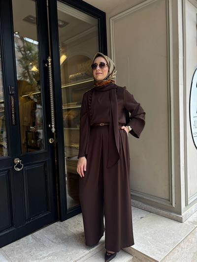 TD2206 Misse Brit Düğmeli Kadın Takım Kahve