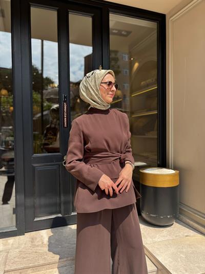 TD2225 Motte Pantolonlu Kadın Takım Acı Kahve
