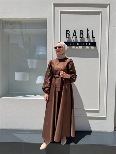 TD2397 Beli Lastikli Kadın Elbise Kahve