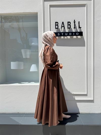 TD2397 Beli Lastikli Kadın Elbise Kahve