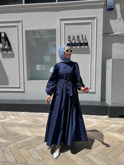 TD2397 Beli Lastikli Kadın Elbise Lacivert
