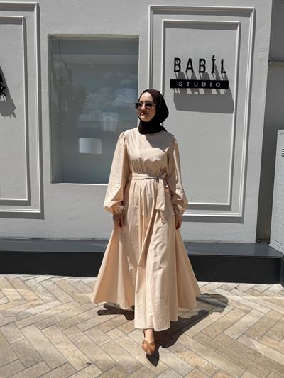 TD2397 Beli Lastikli Kadın Elbise Pudra Pembe
