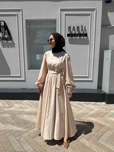 TD2397 Beli Lastikli Kadın Elbise Pudra Pembe