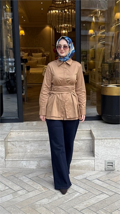TD26K02000006 Azura Bağlamalı Kadın Gömlek Camel