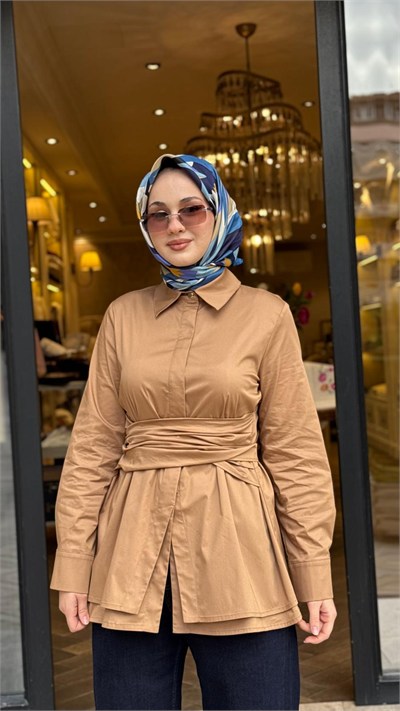 TD26K02000006 Azura Bağlamalı Kadın Gömlek Camel