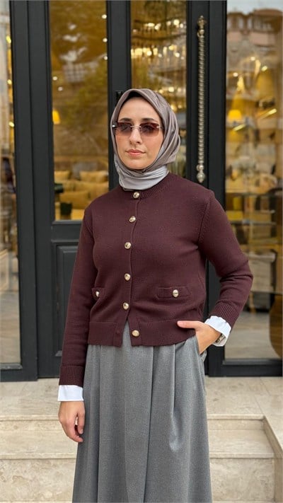 TD26K06000019 Silver Manşet Detay Kadın Hırka Kahve