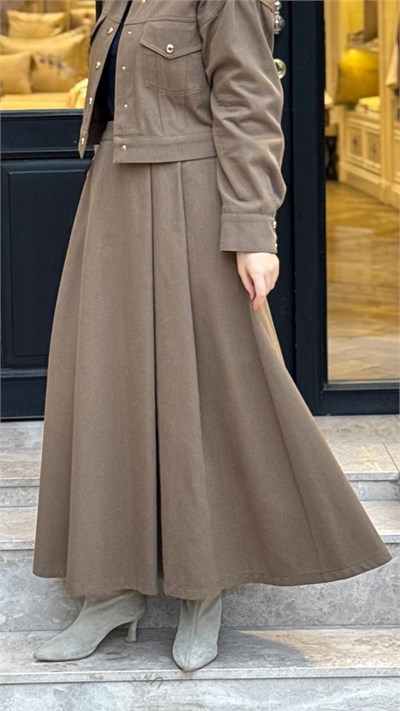 TD26K07000011 Flam Gabardin Pileli Kadın Etek Haki Yeşil