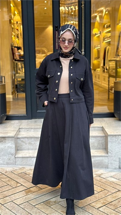 TD26K07000011 Flam Gabardin Pileli Kadın Etek Siyah