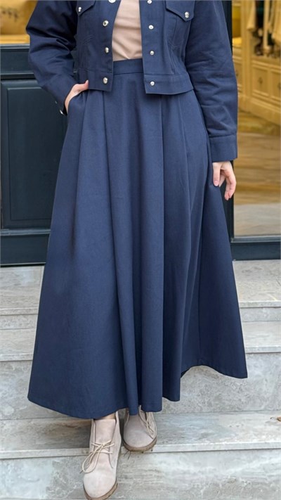 TD26K07000011 Flam Gabardin Pileli Kadın Etek Lacivert