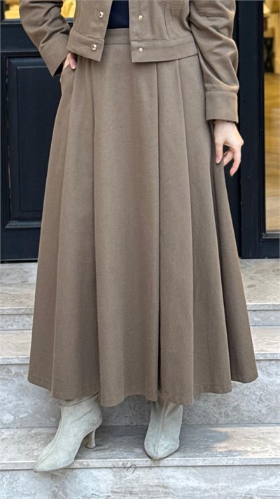 TD26K07000011 Flam Gabardin Pileli Kadın Etek Haki Yeşil
