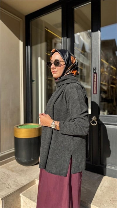 TD26K15000007 Elara Şal Detay Kadın Triko Kazak Antrasit