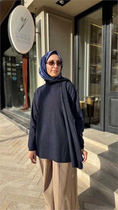 TD26K15000007 Elara Şal Detay Kadın Triko Kazak Lacivert