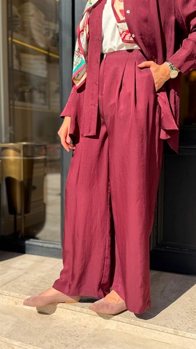 TD26Y04000008 Color Asetat Palazzo Kadın Pantolon Bordo