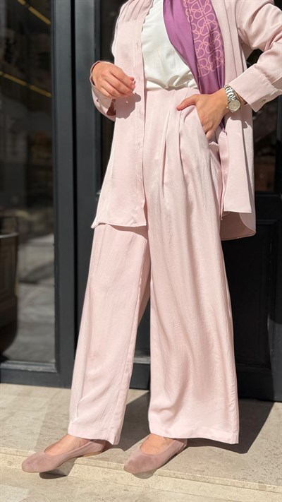 TD26Y04000008 Color Asetat Palazzo Kadın Pantolon Pudra Pembe