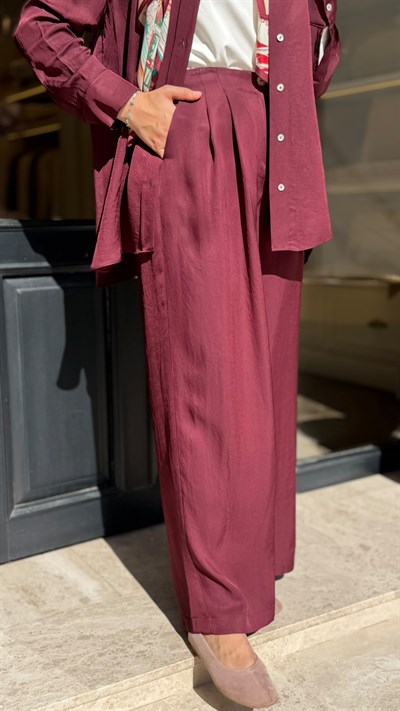 TD26Y04000008 Color Asetat Palazzo Kadın Pantolon Bordo