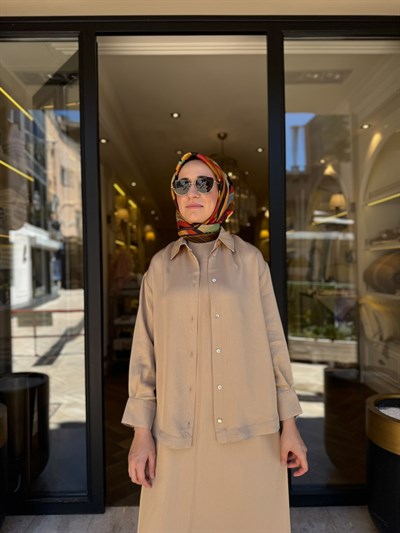 TD26Y05000112 Praty Asetat Kolsuz Kadın Elbise Gömlek Camel