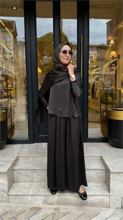 TD26Y05000115 Elna Asetat Pantolonlu Takım Acı Kahve