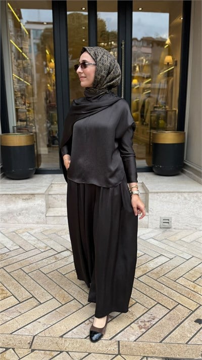 TD26Y05000115 Elna Asetat Pantolonlu Takım Acı Kahve