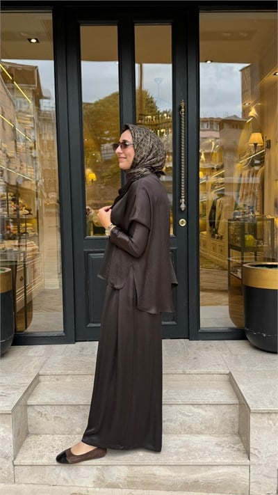 TD26Y05000115 Elna Asetat Pantolonlu Takım Acı Kahve