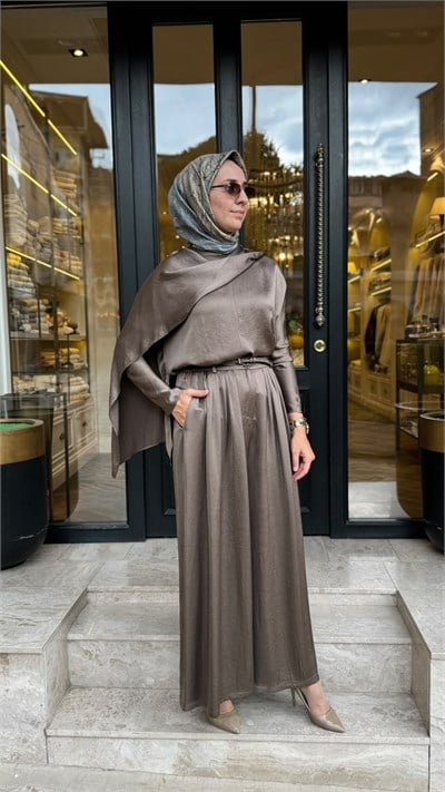 TD26Y05000115 Elna Asetat Pantolonlu Takım Vizon