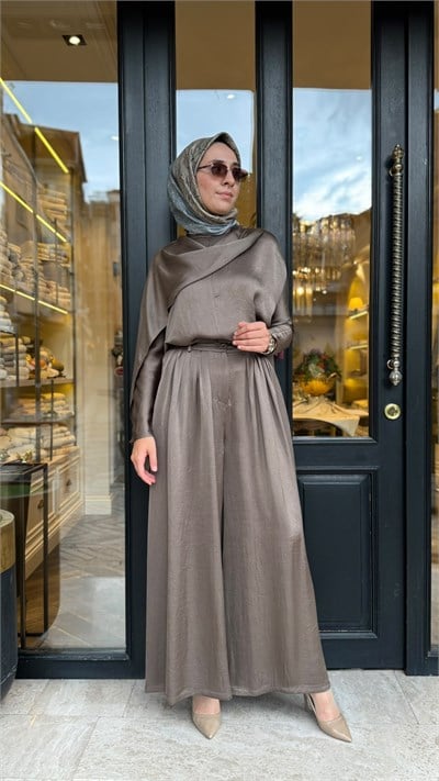 TD26Y05000115 Elna Asetat Pantolonlu Takım Vizon