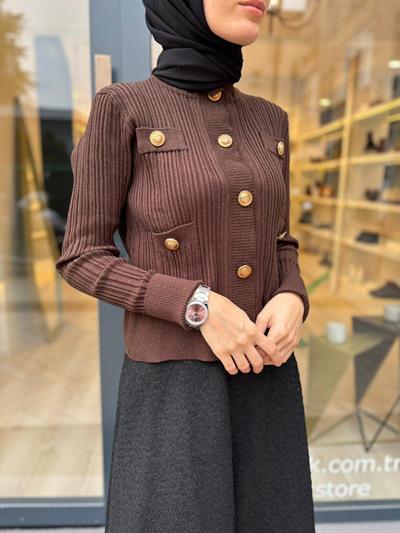 TD2799 Diva Düğmeli Kadın Hırka Kahve