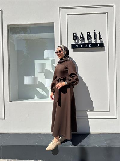 TD3428 Carol Puf Kadın Elbise Acı Kahve